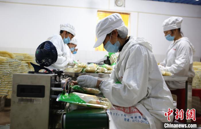 工人正在包装米粉。 中新社记者 朱柳融 摄